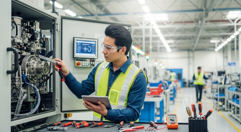 생산관리 자격증을 갖춘 전문가가 공장에서 산업 기계와 설비를 점검하고 유지보수하는 모습