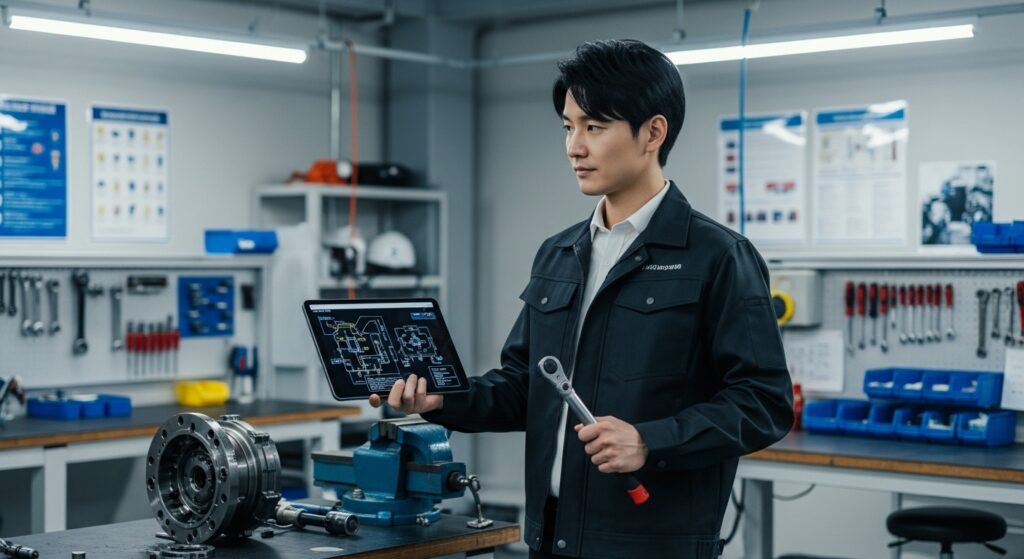 professional technician studying design drawings for technical certification preparation