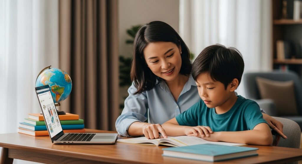 Parents guiding their elementary school children's learning at their desks at home.