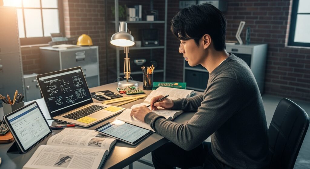 This is a professional preparing for an engineering certification at a technical workplace with a confident attitude.