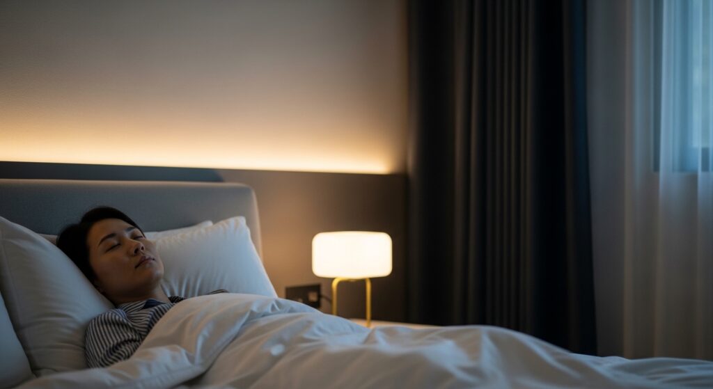 집중력 향상 방법을 위한 편안한 수면 환경과 평화로운 밤 분위기의 모던한 침실 모습