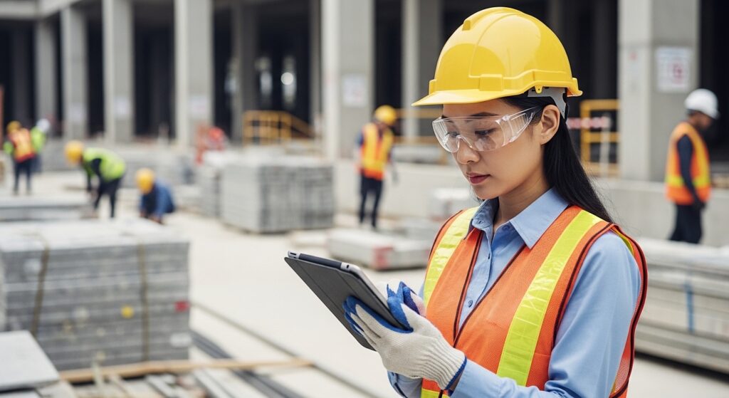 안전 관리자가 보호 장비를 착용한 채 건설 현장에서 안전 점검표를 확인하고 있다.