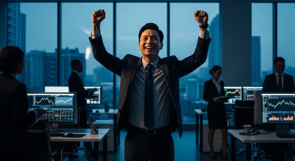 A confident professional celebrates a successful career change in a professional corporate environment.