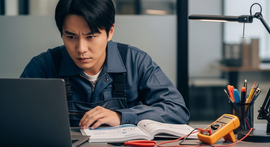 자격증 vs 학위 vs 면허 차이를 이해하기 위해 기술 도구와 노트북으로 공부하는 전문직 종사자의 모습