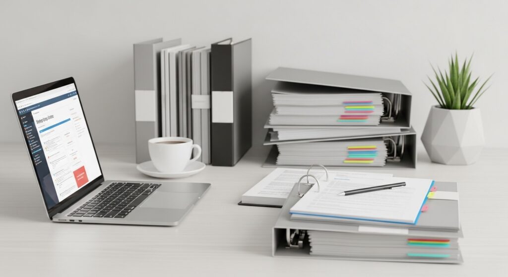 자격증과 노동시장 관계를 학습하기 위한 모던한 사무실 환경에서 노트북과 서류를 활용해 공부할 수 있는 미니멀 작업 공간