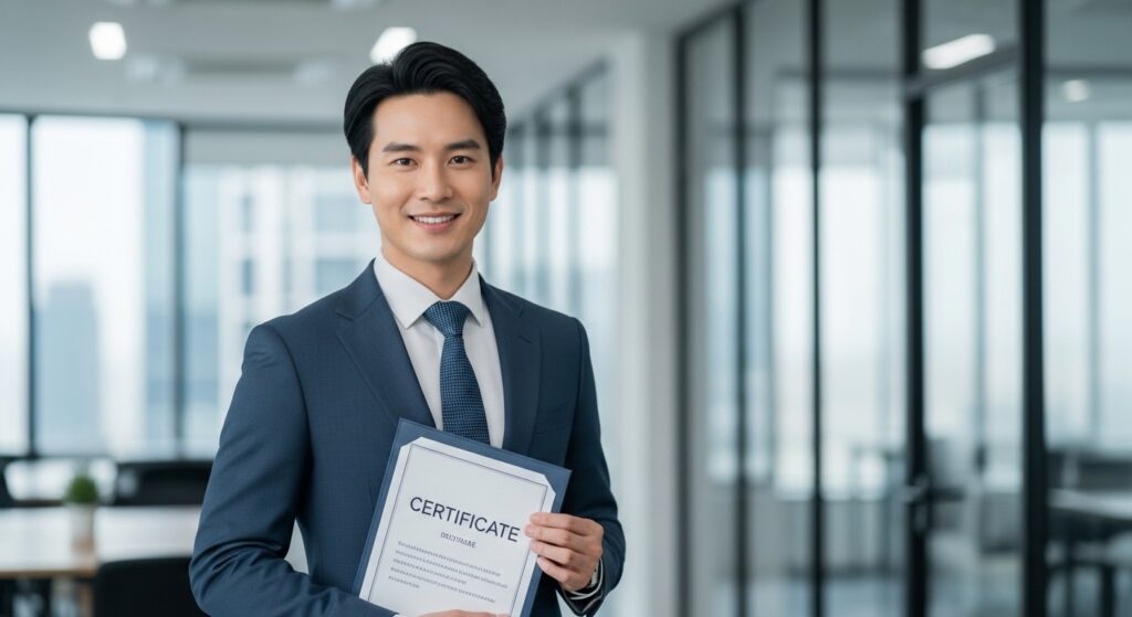 East Asian professional studying certification exam with laptop and books