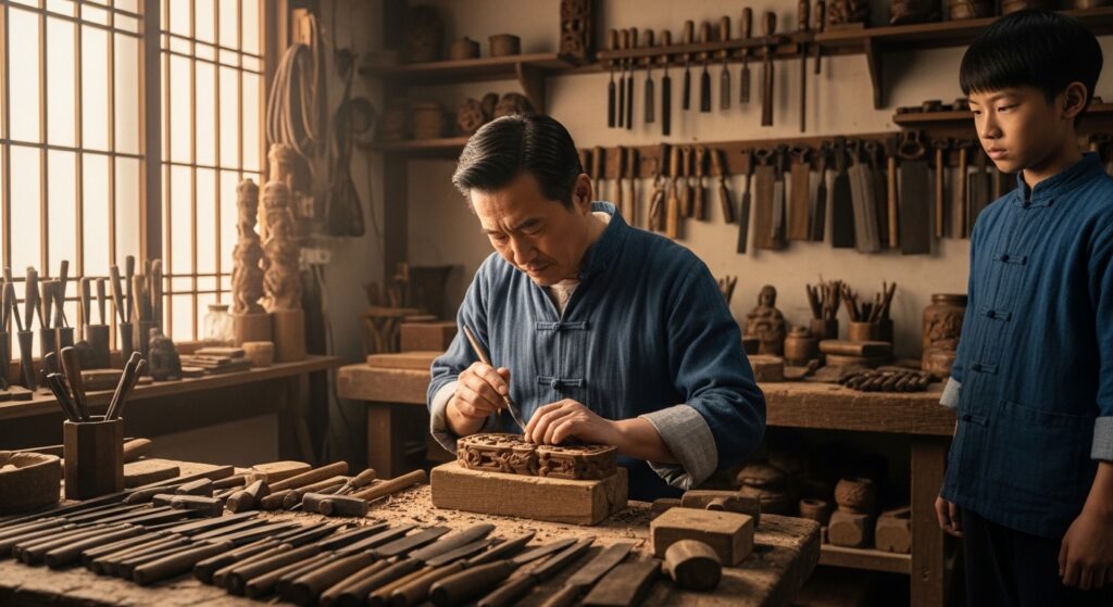 전통 작업장에서 도구를 사용하며 기술을 익히는 장인의 모습