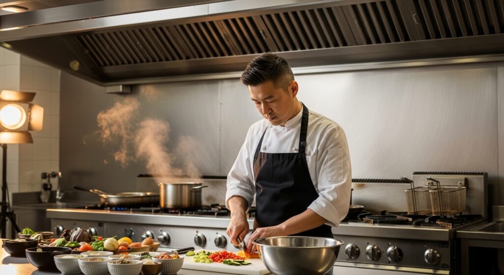 professional chef preparing food in modern commercial kitchen cooking career concept