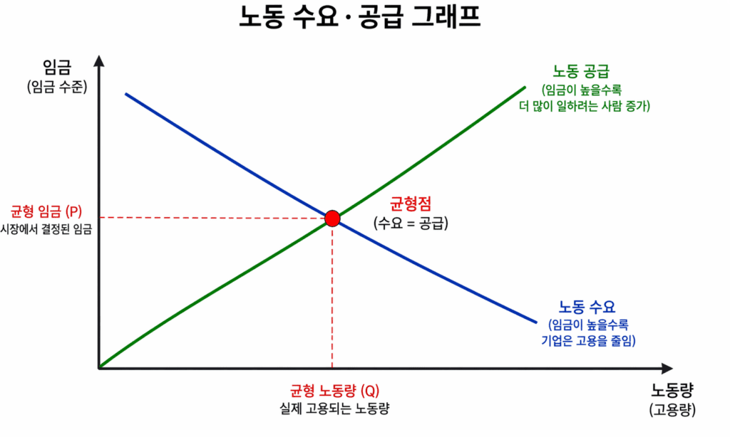노동 수요와 공급 이론에 따른 노동수요와 공급 그래프