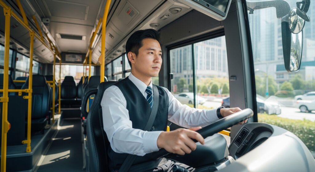 은퇴 후 돈 되는 직업으로 시내버스를 운전하는 전문 버스 운전기사가 자신감 있는 모습으로 운행하는 장면