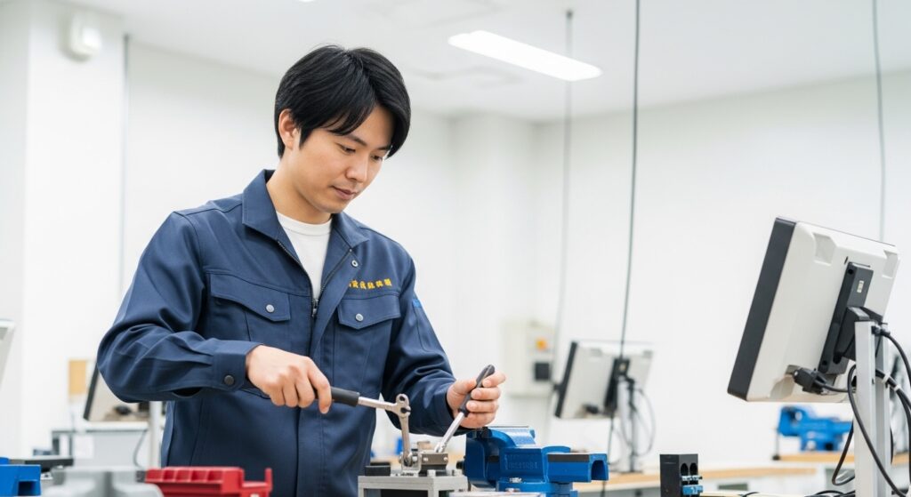 전문직 종사자가 현대적인 기술 작업 공간에서 실무 중심 교육을 진행하며 해외 자격증 제도 비교를 상징적으로 보여주는 장면