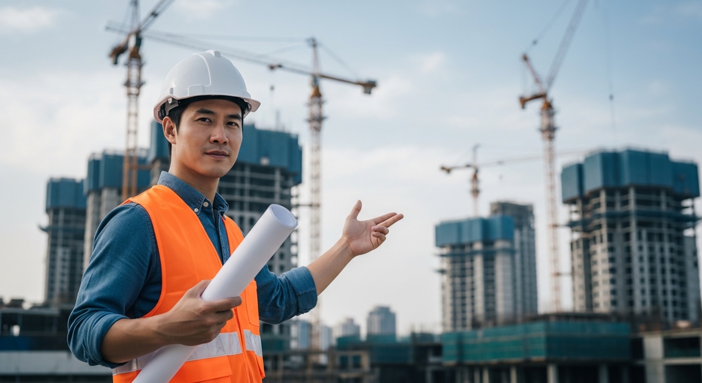 건설 분야 자격증 종류를 준비하는 안전모와 반사조끼를 착용한 엔지니어가 설계도를 들고 건설 현장을 점검하는 모습