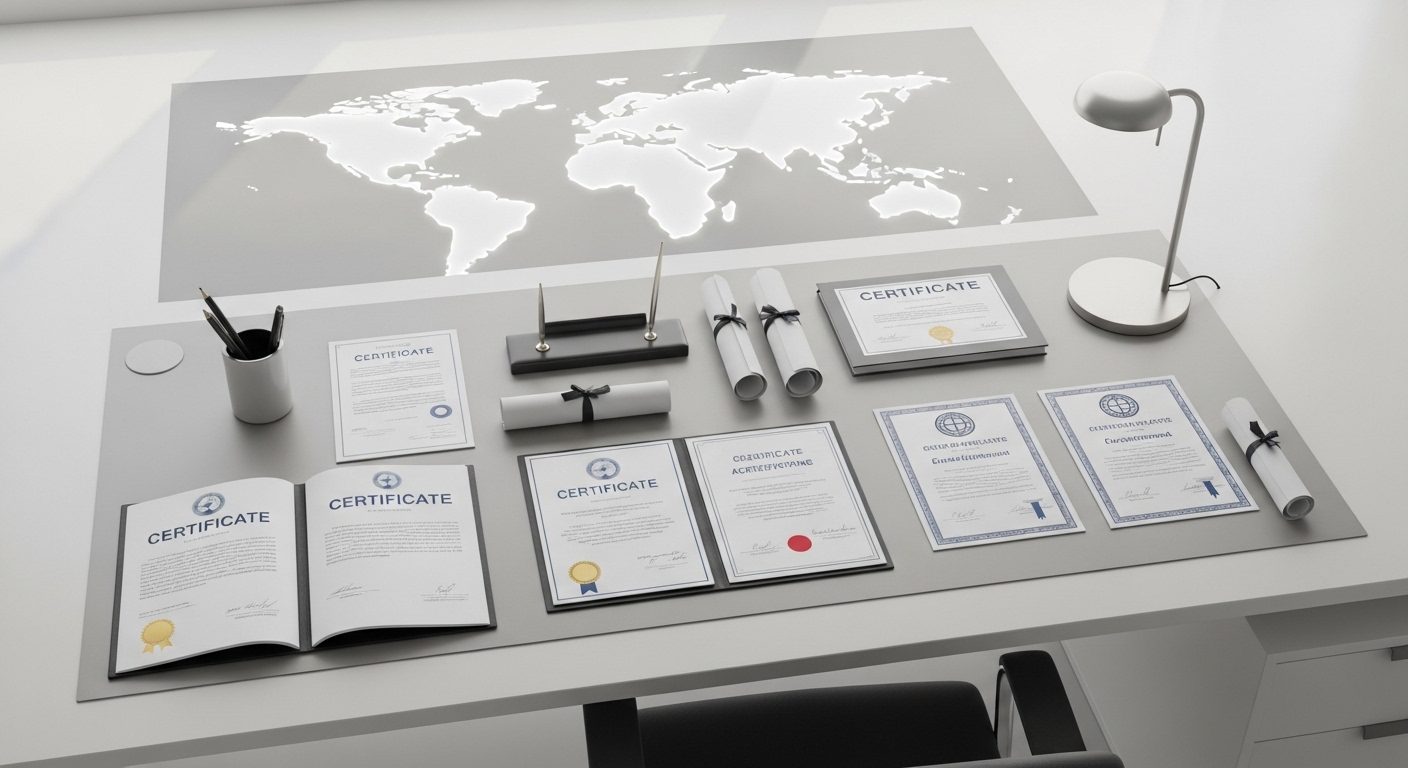 해외 자격증 제도 비교 컨셉으로 세계 지도 배경 앞에 놓인 서류와 자격증 문서가 있는 모던한 사무실 환경