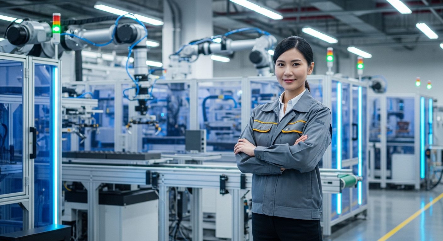 생산관리 자격증을 갖춘 공장 생산 관리자가 스마트 공장에서 자동화 설비를 관리하며 리더십을 발휘하는 모습