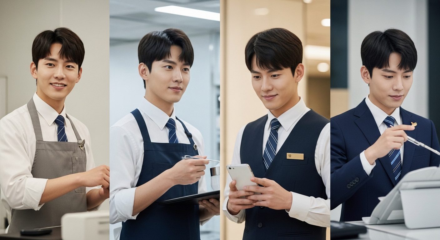 서비스직 자격증 종류를 대표하는 다양한 서비스업에 종사하는 전문직 남성이 여러 직무 환경에서 일하는 모습