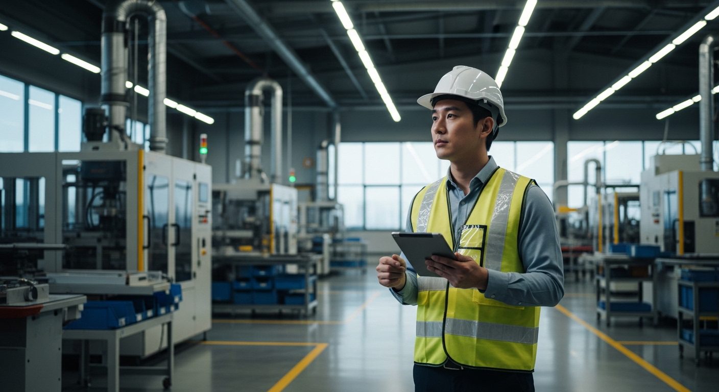 안전관리 자격증 종류 관련 산업 현장에서 안전모와 조끼를 착용한 전문직 종사자가 점검을 수행하는 모습