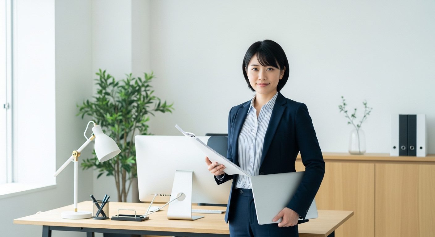 일본 취업 자격증 준비를 상징하는 현대적인 일본 사무실에서 노트북과 서류를 들고 일하는 전문직 여성