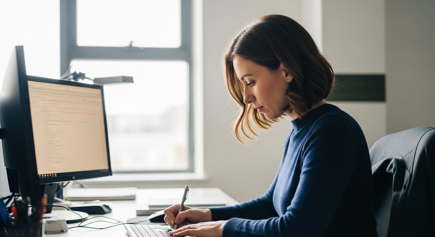 자격증과 노동시장 관계를 준비하는 전문직 여성이 모던한 사무 환경에서 노트북과 서류를 활용해 집중적으로 공부하는 모습