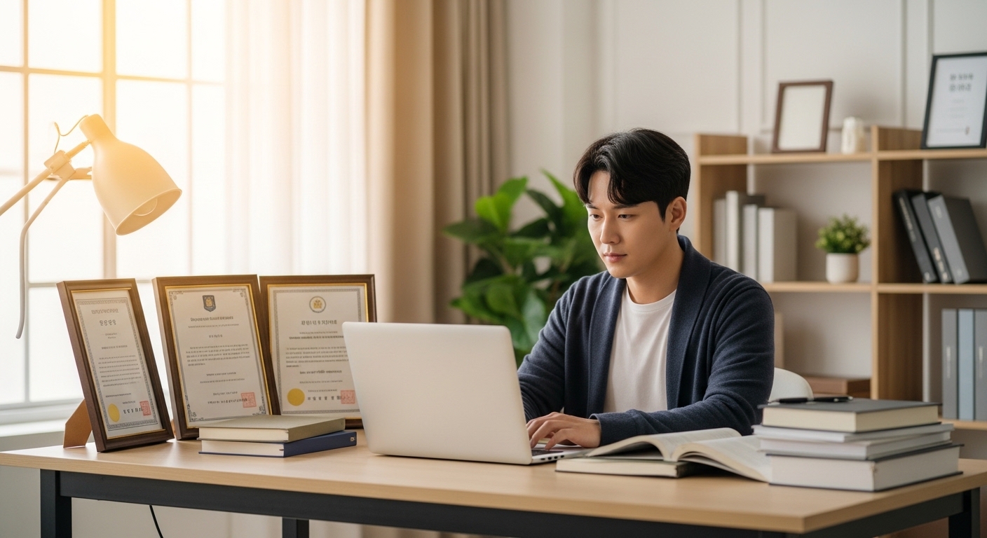 20대 추천 자격증 준비를 위해 책상에서 노트북으로 공부하는 청년 모습