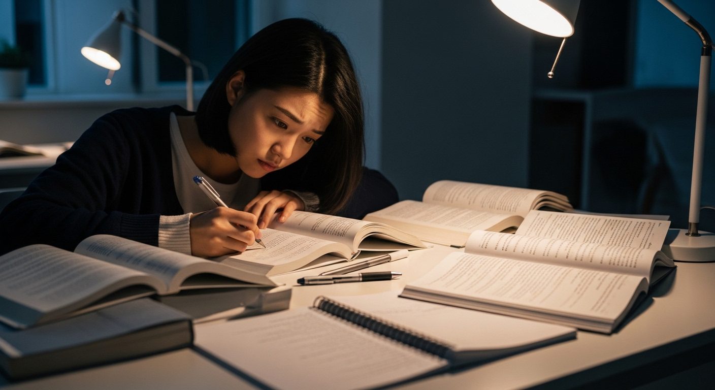 자격증 공부하다 포기 상황에서 스트레스와 피로에 지친 여학생이 책상에서 공부하는 모습