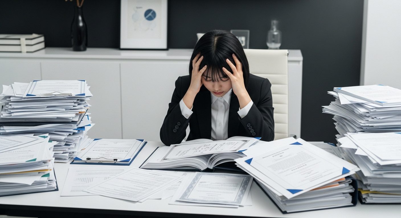 자격증 과잉 문제 상황을 보여주는 장면으로, 깔끔한 작업 공간의 모던한 책상에 앉아 수많은 자격증과 서류에 둘러싸여 부담을 느끼는 동아시아 전문직 여성의 모습