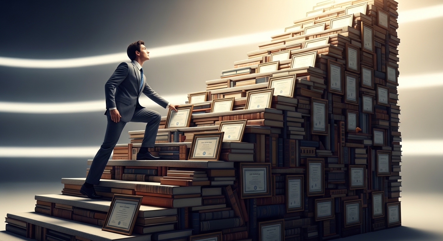 도전자세를 바탕으로 책과 자격증으로 만든 계단을 올라 밝은 미래를 향해 나아가는 전문가의 모습