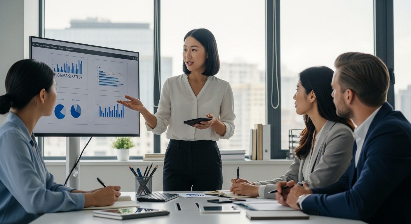 자격증보다 중요한 요소를 보여주는 협업 장면에서 전문직 종사자가 팀원들과 사업 전략을 논의하는 모습
