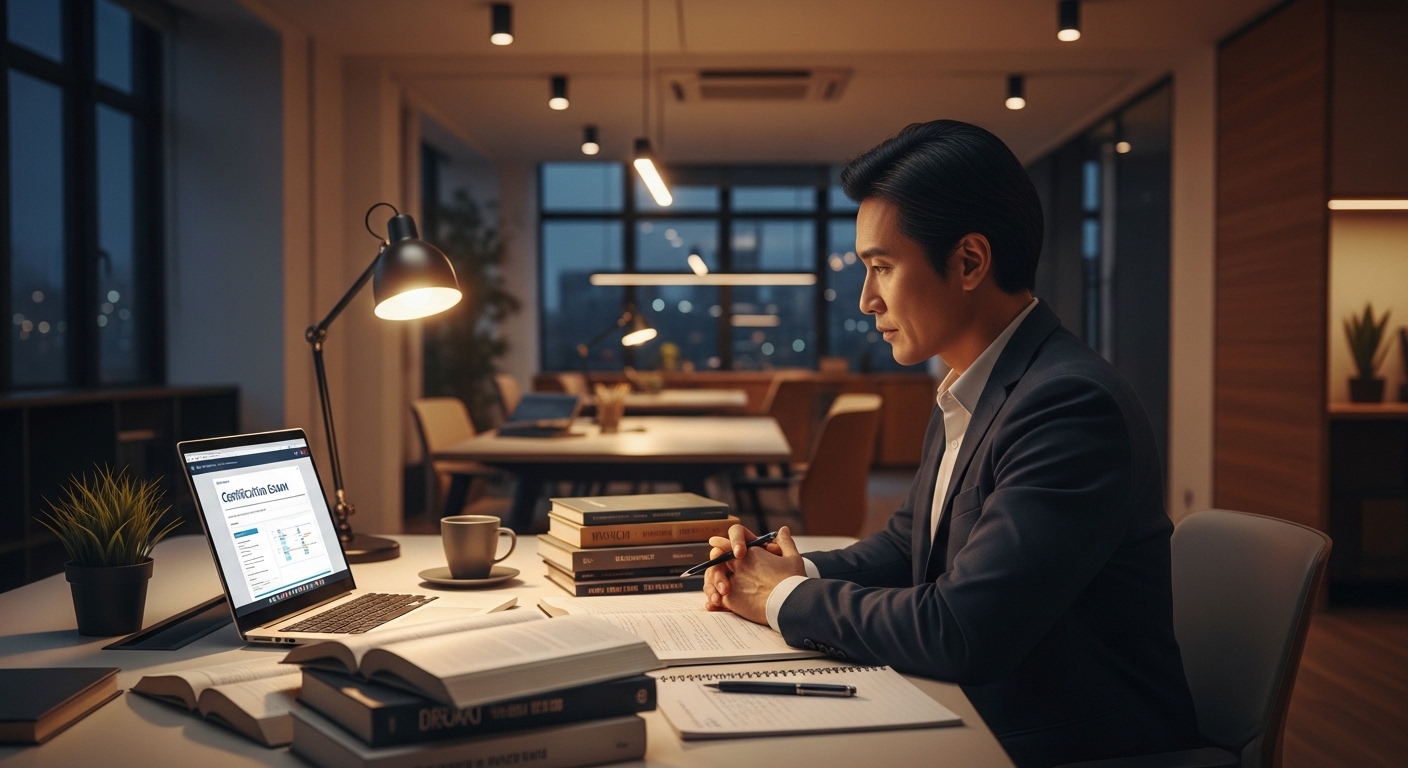 중장년 재취업 자격증 공부를 위해 책과 노트북으로 공부하는 중장년 직장인 모습