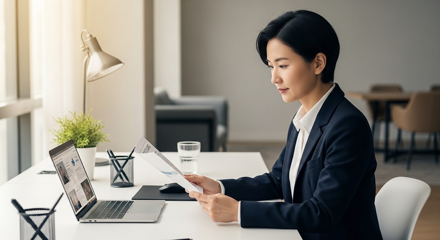 자격증이란 개념을 보여주는 현대 사무 환경에서 공부와 업무를 병행하는 전문직 여성