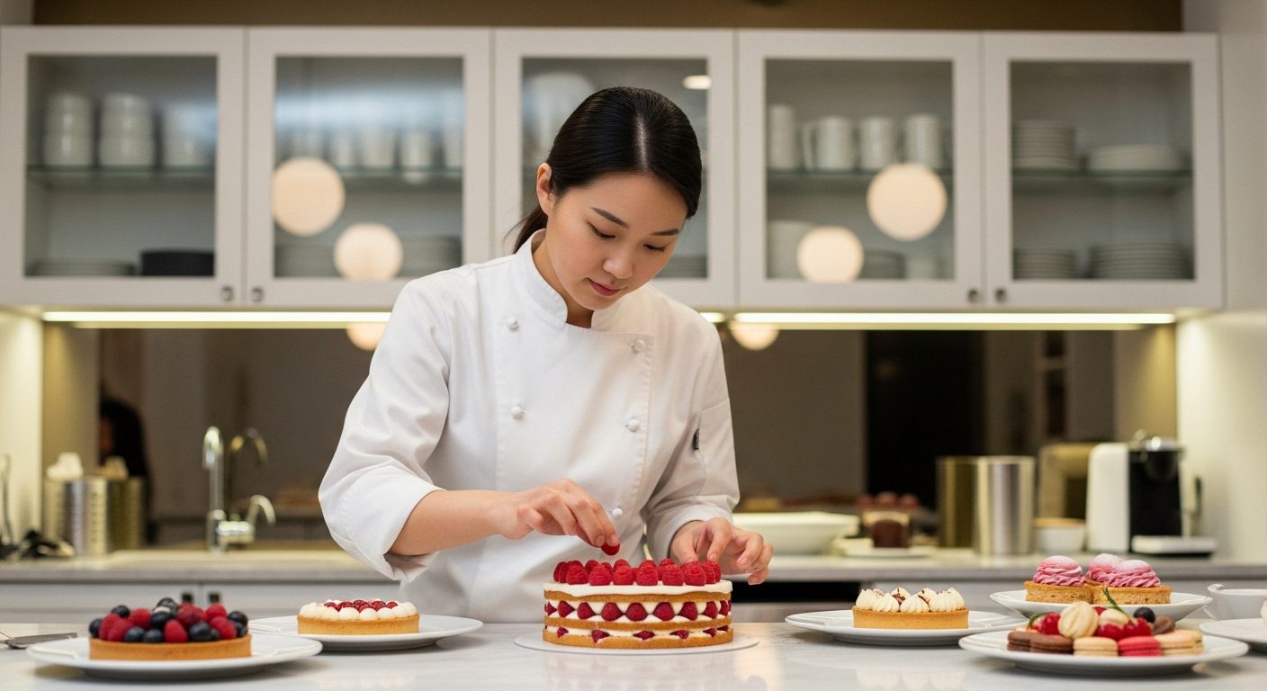 조리 관련 자격증 취득을 준비하는 제과제빵사가 케이크를 장식하는 모습