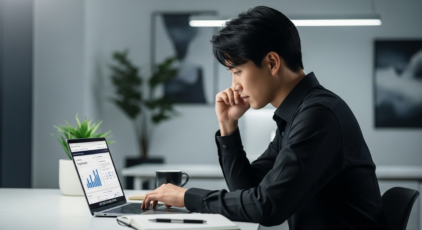 직장인이 노트북으로 직장인 이직 자격증 시험 공부를 하는 모습