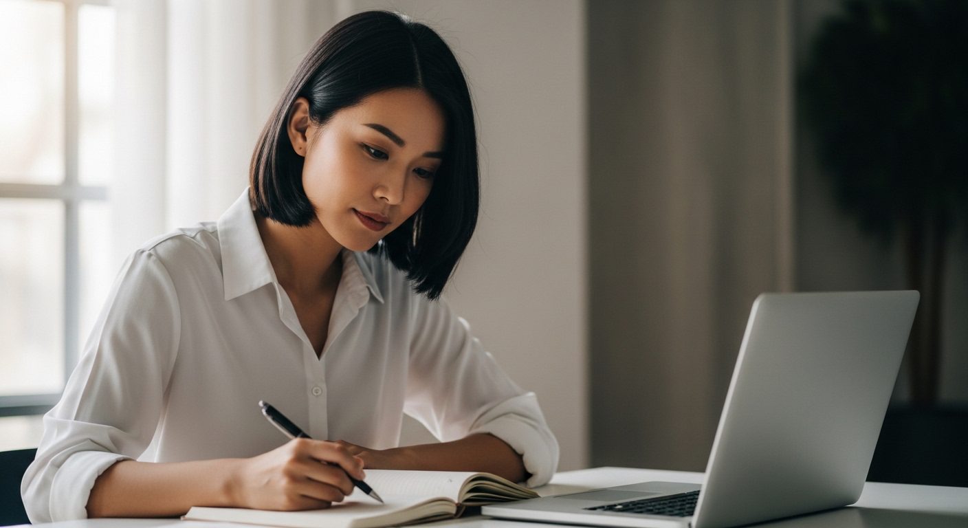 집중력 향상 방법을 실천하는 전문직 종사자가 모던한 책상에서 깊은 몰입 상태로 공부하는 모습