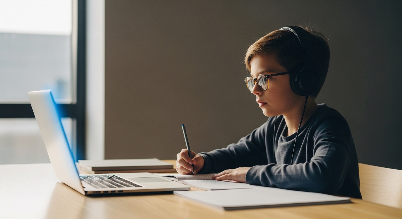 초등학생 자격증 준비를 위해 코딩과 언어 학습을 하는 학생 모습