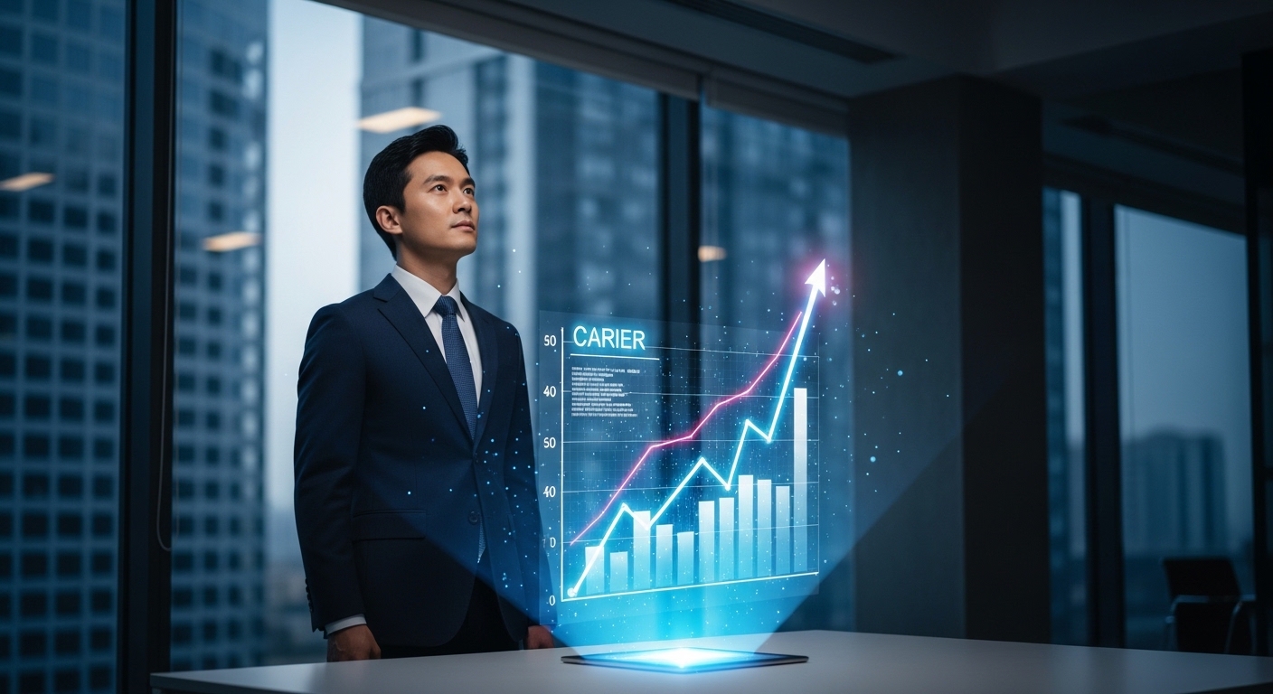 현대적인 사무실에서 자격증 중요성을 상징하는 경력 성장 홀로그램 차트를 바라보는 전문직 종사자