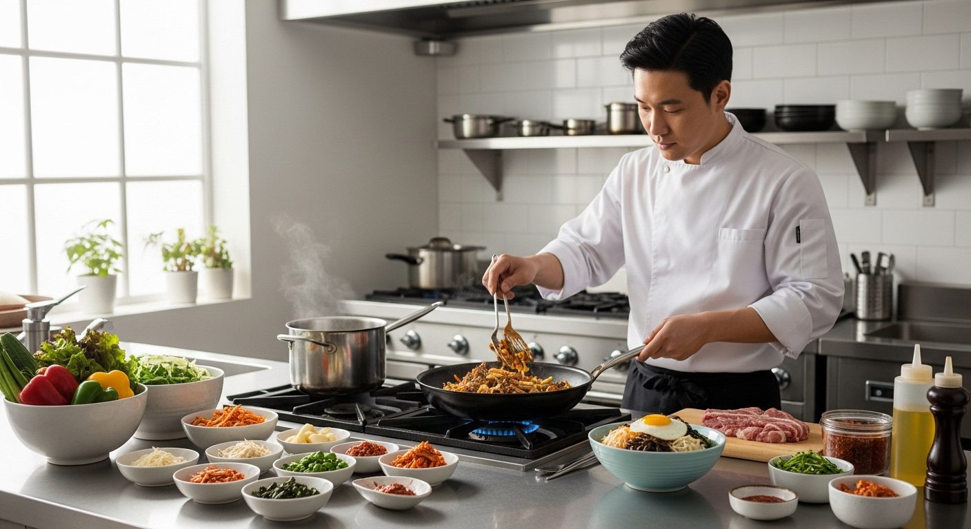 조리관련자격증 취득을 준비하는 셰프가 한국 음식을 조리하는 모습