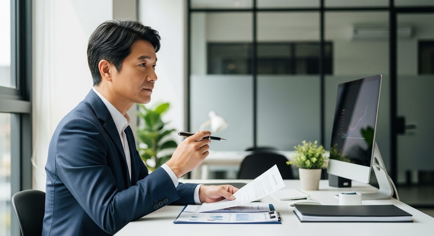 은퇴 후 돈 되는 직업을 준비하는 50대 전문직 남성이 현대적인 사무실에서 경력 계획과 재무 서류를 검토하는 모습