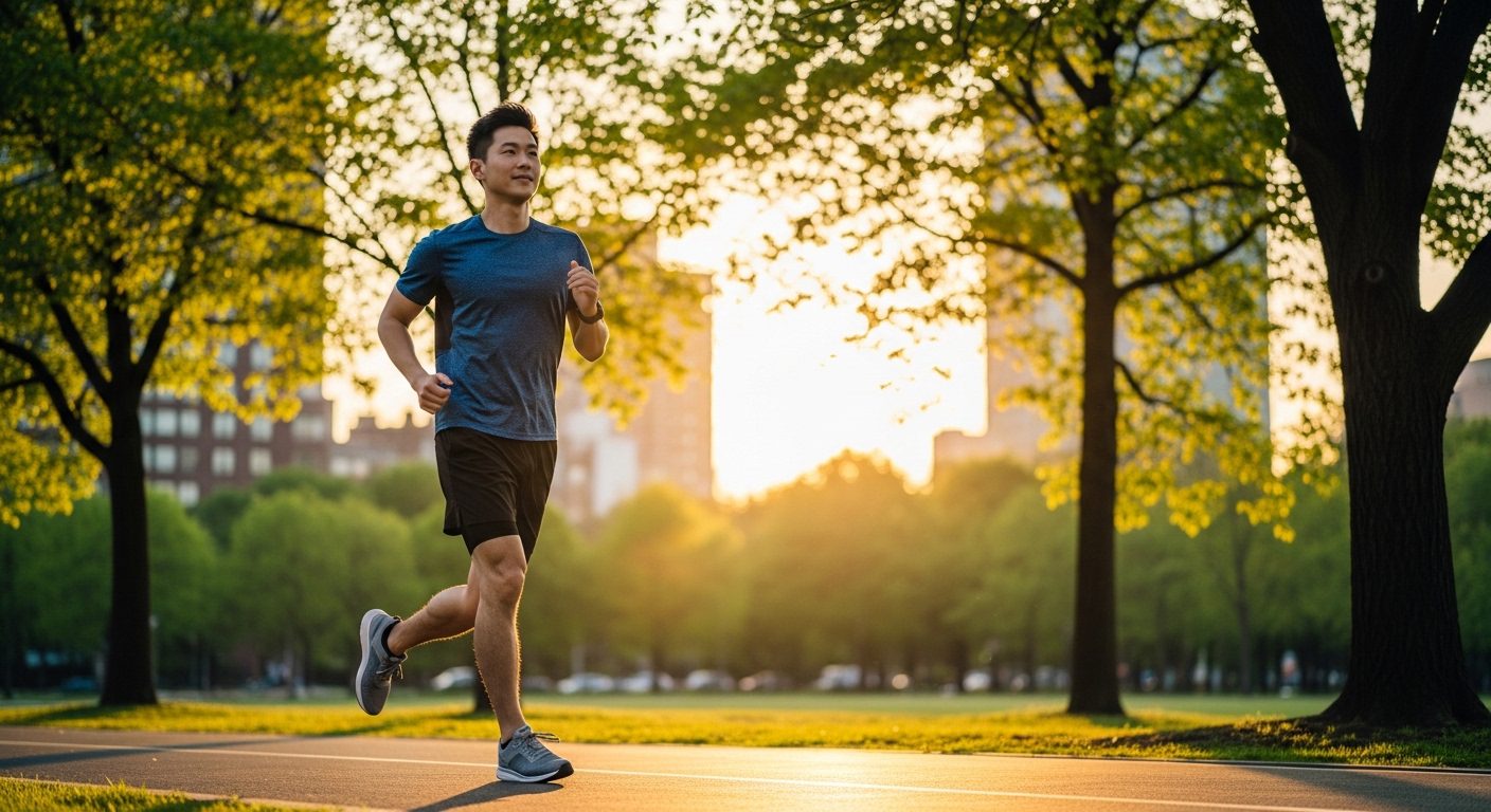 직업 스트레스 관리 실천을 위해 퇴근 후 도시 공원에서 조깅하는 자신감 있는 남성의 모습