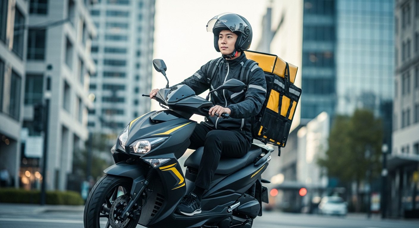 플랫폼 직업으로 활동하는 배달원이 현대적인 유니폼을 입고 도심 거리에서 스쿠터로 음식 배달을 수행하는 모습