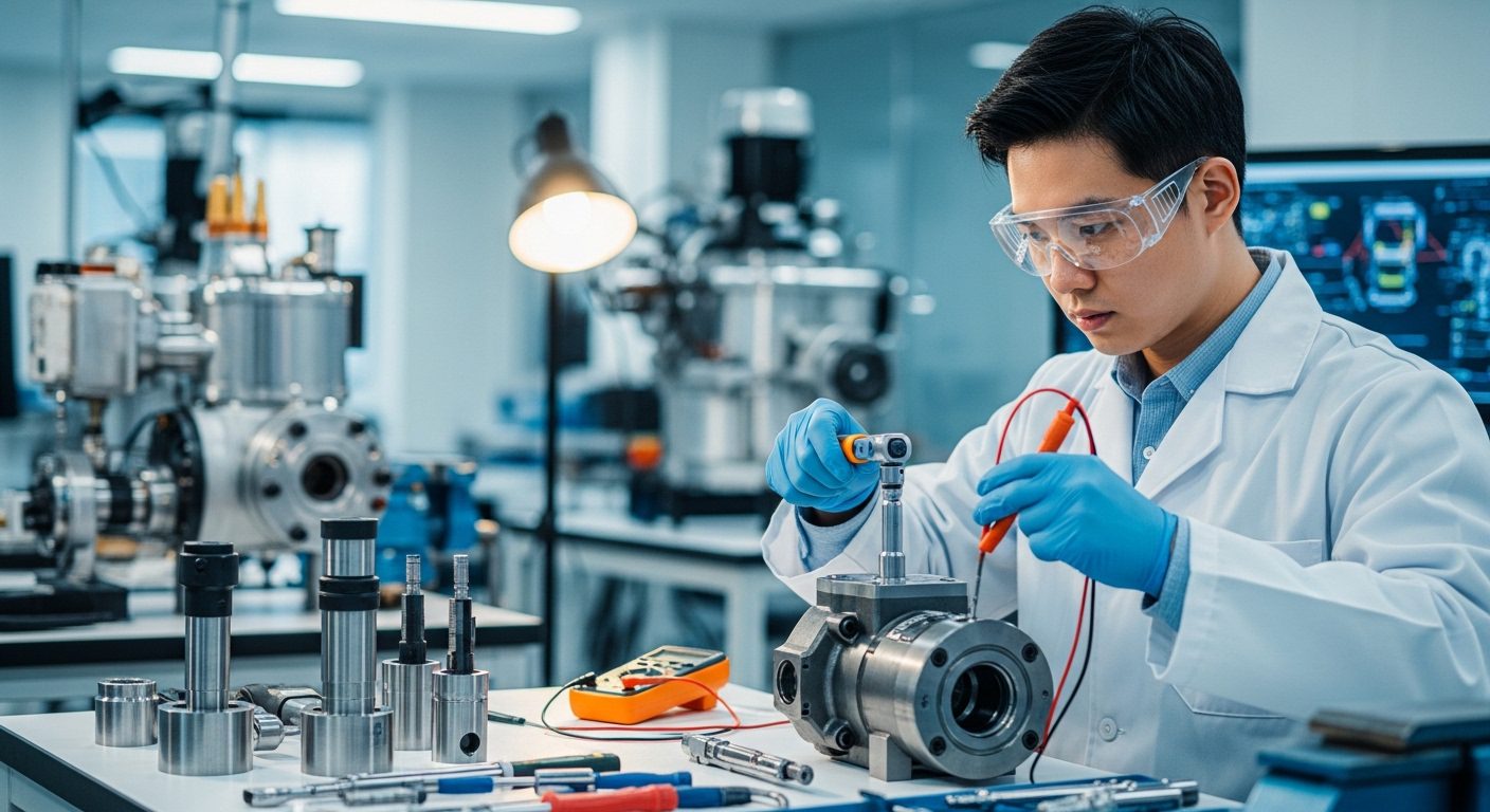 국가기술자격 개편에 따른 실무 중심 평가 환경에서 기술자가 산업 실험실에서 실기 시험을 수행하는 모습