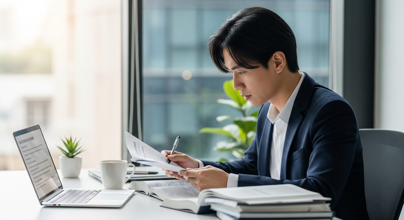 자격증 실무 관점 초보자 실수를 극복하기 위해 모던한 책상에서 자격증 자료를 집중적으로 공부하는 전문직 남성