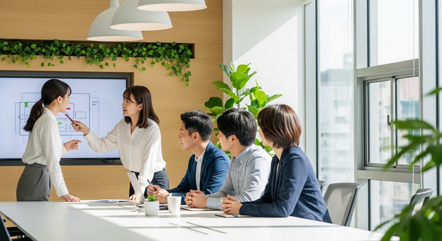 현대적인 업무 공간에서 협업하는 전문가 팀이 프로젝트를 논의하며 함께 일하는 모습, 인간은 왜 일을 하는가 심리학적 관점을 보여주는 장면