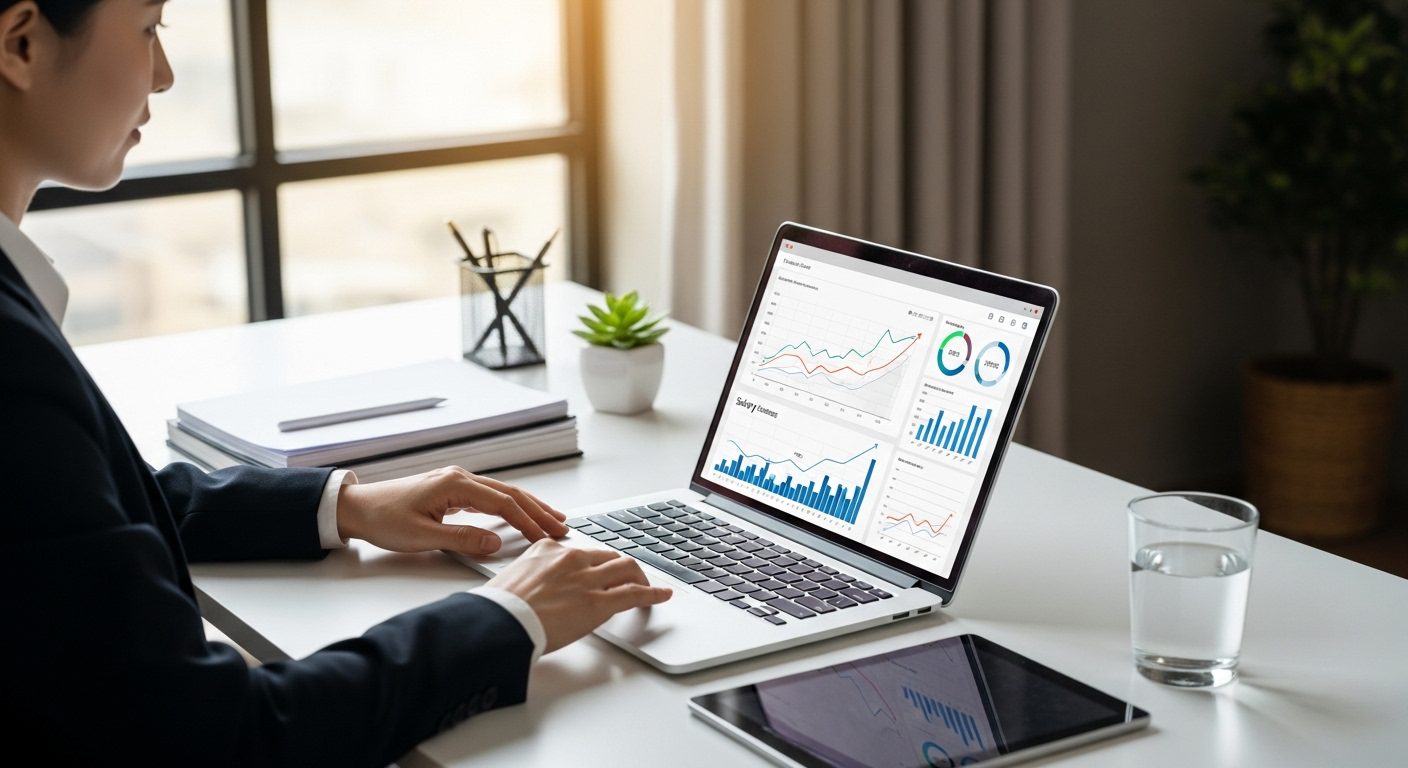 직업별 평균 연봉 비교를 위해 전문직 종사자가 노트북으로 연봉 상승률 차트를 분석하는 모습