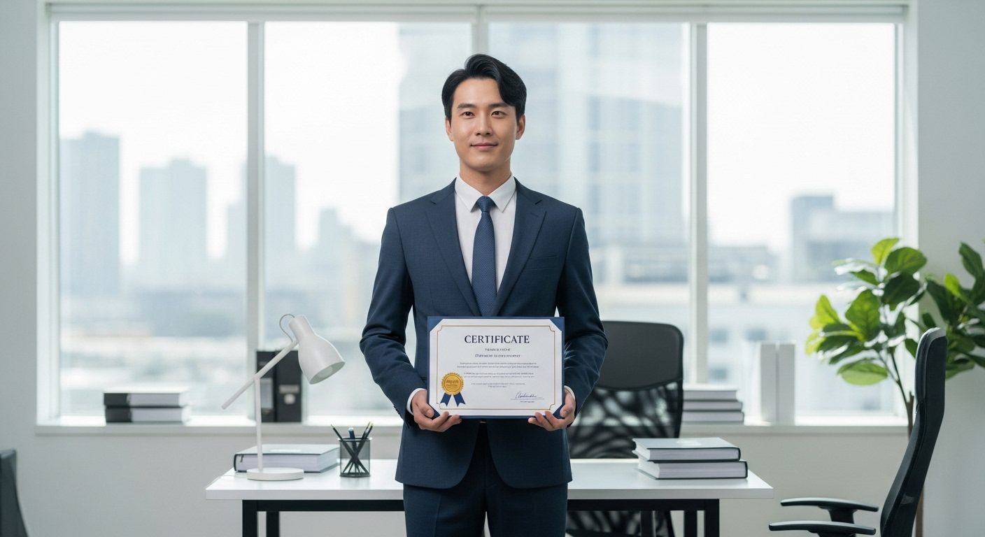 자격증이 인생을 바꿀 수 있을까를 보여주는 장면으로 전문직 남성이 자격증을 들고 자신감 있는 표정으로 현대적인 사무실에 서 있는 모습