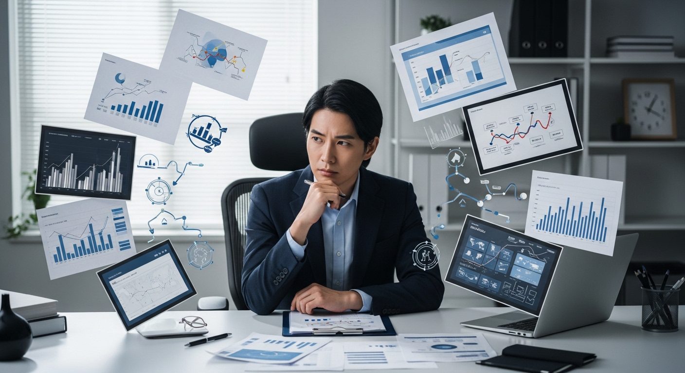 전문직 남성이 여러 서류와 진로 선택지에 둘러싸여 직업 선택 실패 사례를 고민하는 모습