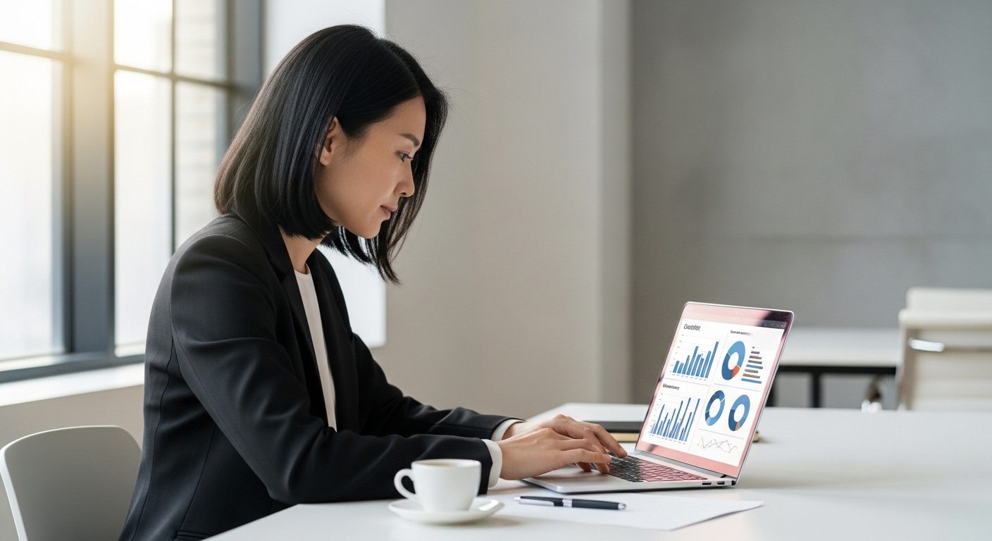 나에게 맞는 직업 찾는 방법을 분석하기 위해 전문직 여성이 노트북으로 경력 차트와 데이터를 확인하고 있는 모습
