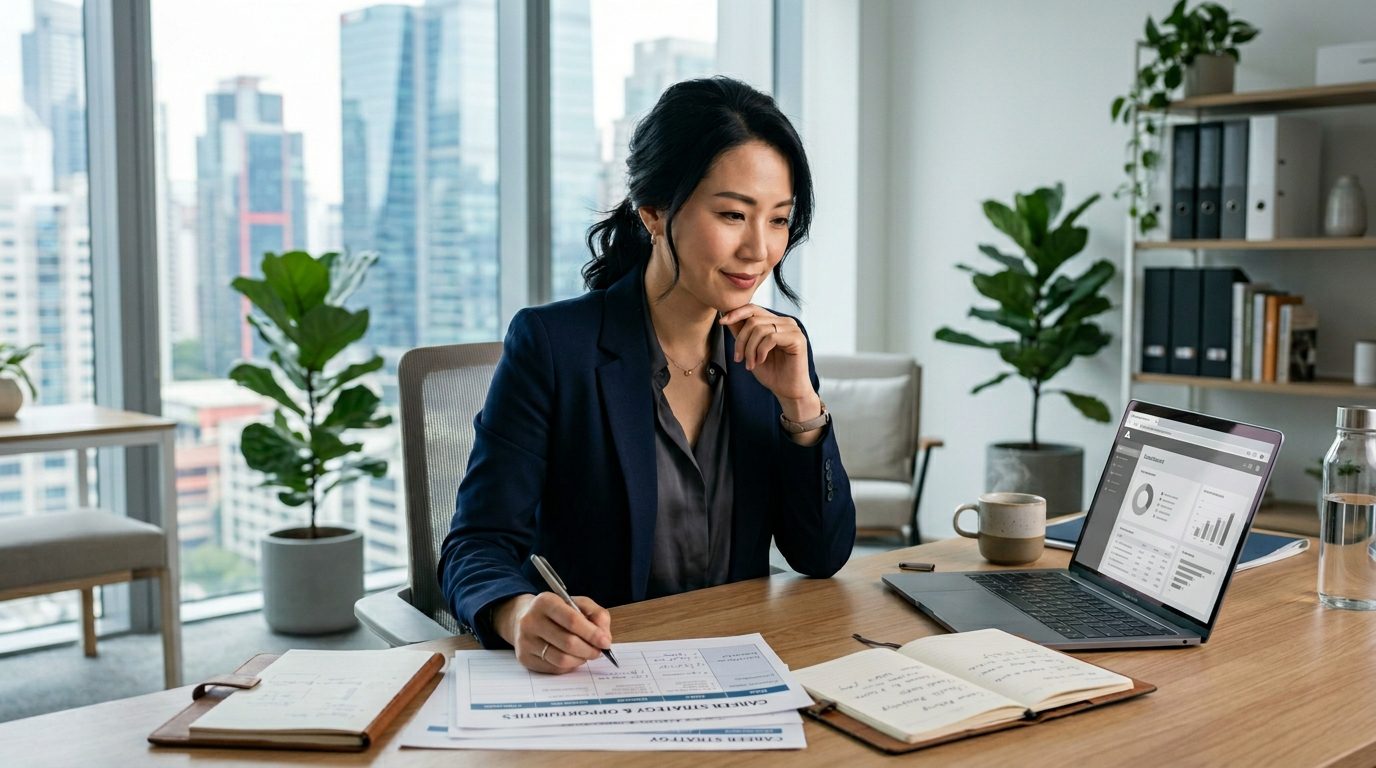 직업 선택에서 가장 중요한 요소를 고민하는 전문직 여성이 모던한 책상에서 노트북과 서류를 보며 진로를 분석하는 모습
