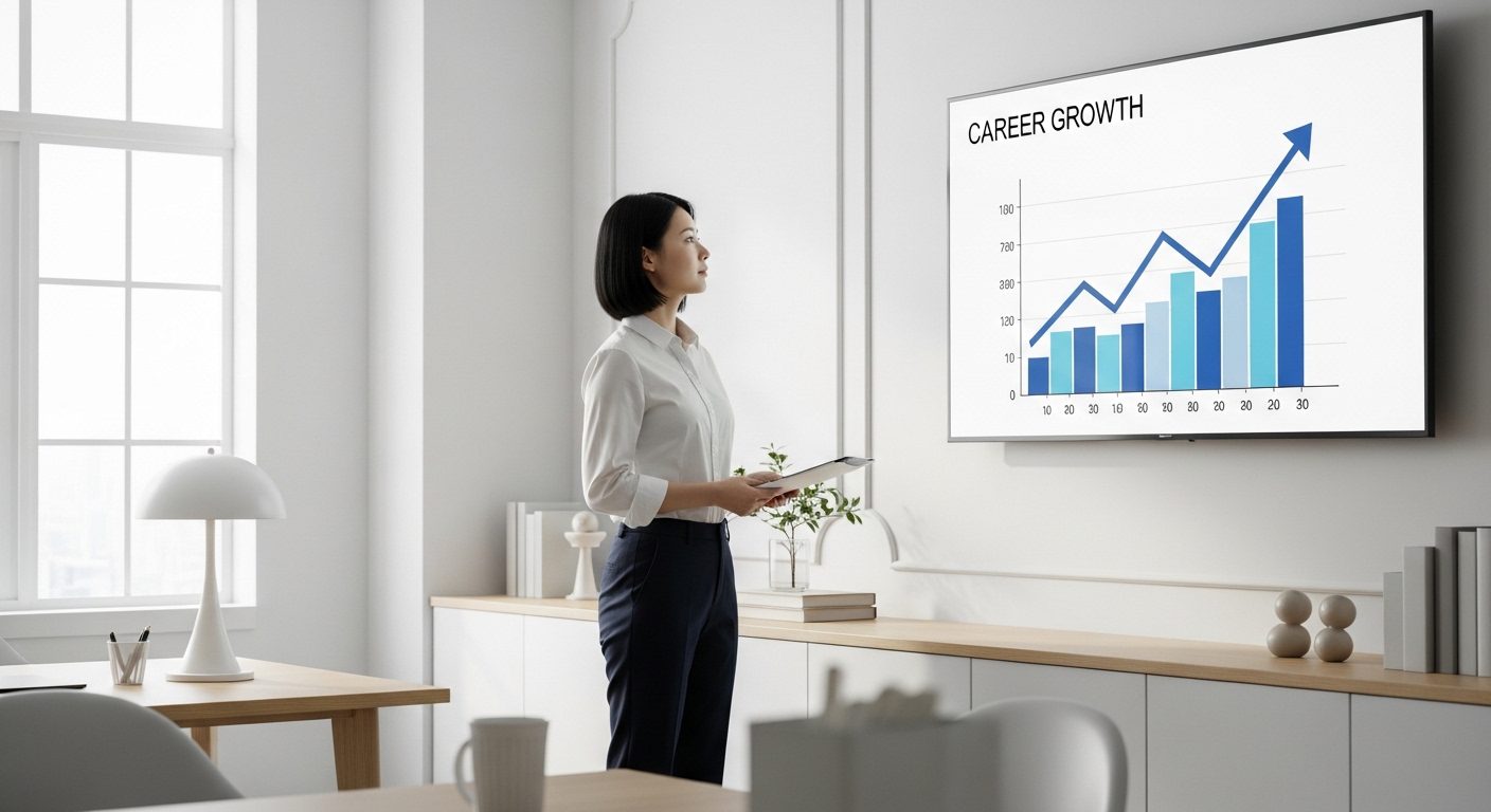 커리어란 무엇인가를 보여주는 장면으로 전문직 종사자가 현대적인 사무실에서 디지털 경력 성장 차트를 분석하고 있다