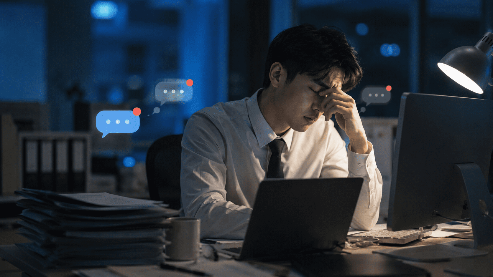 밤 늦은 현대적인 사무실에서 혼자 앉아 피로한 표정을 짓고 있는 직장인의 모습. 컴퓨터와 스마트폰 알림이 켜진 업무 환경 속에서 정신적 소진과 스트레스를 표현한 번아웃 증후군 개념 이미지.