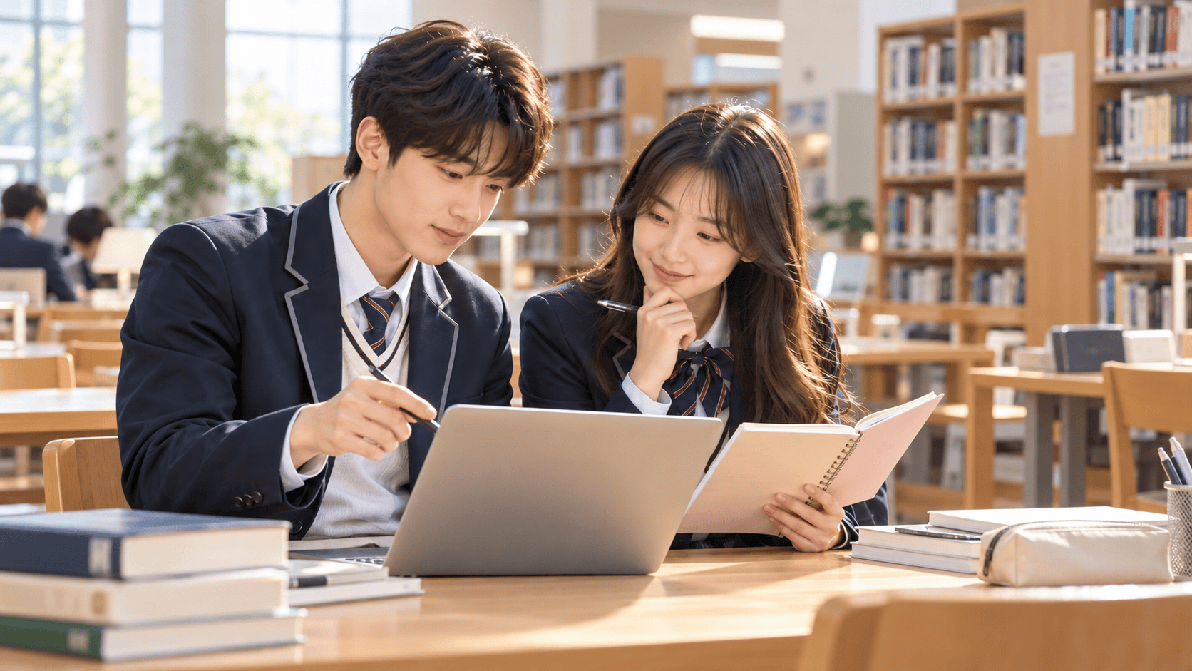 남녀 고등학생이 학교 도서관에서 노트북과 진로 탐색 노트를 살펴보는 모