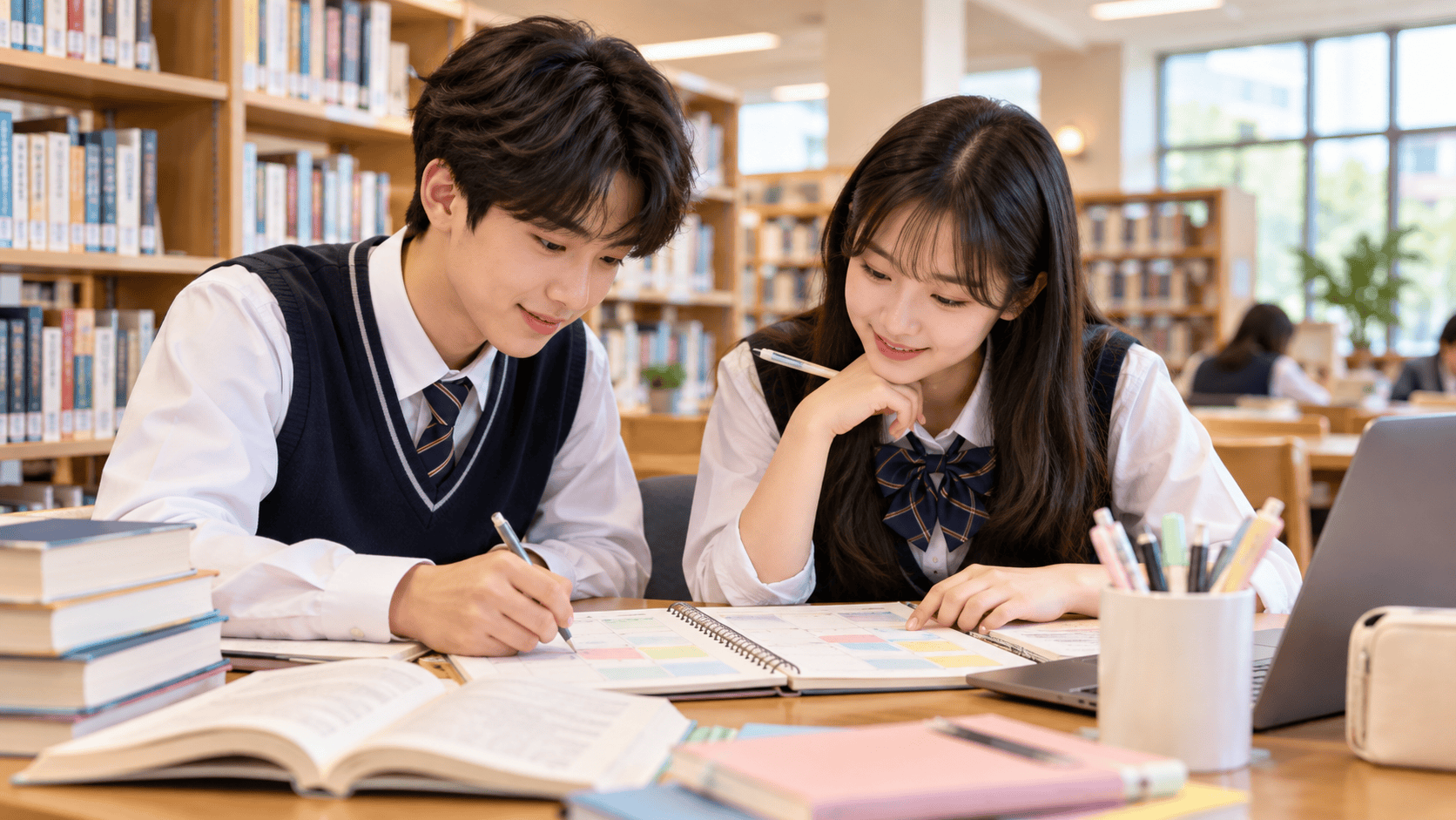 남녀 고등학생이 도서관에서 진로 계획표를 작성하는 모습